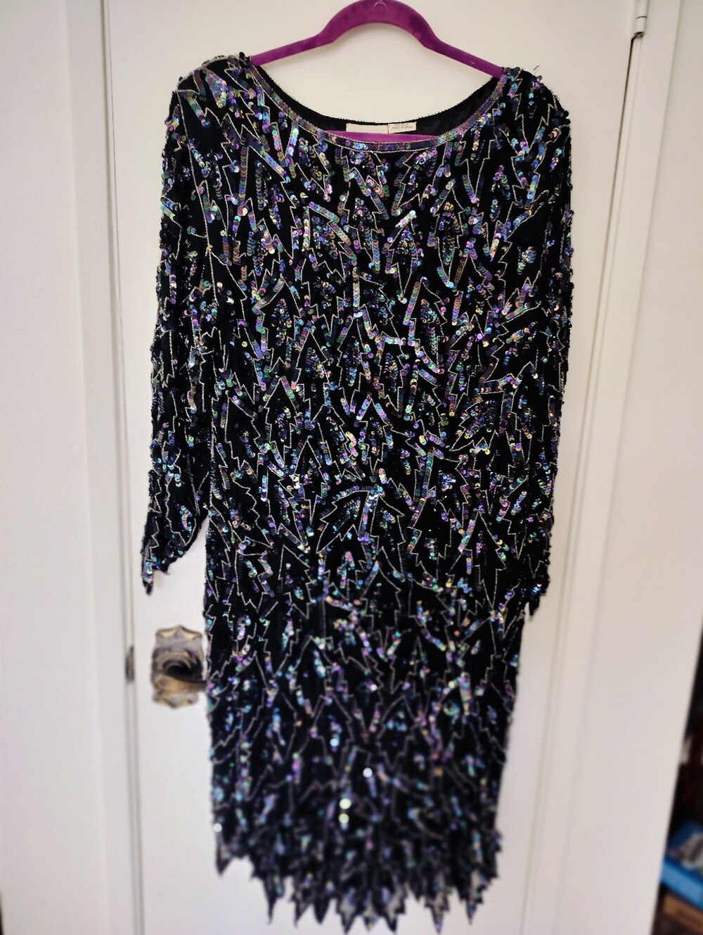 Vintage Swee Lo 100% Silk Sequin Zig Zag Dress M Black Pure Silk India 80s 90s